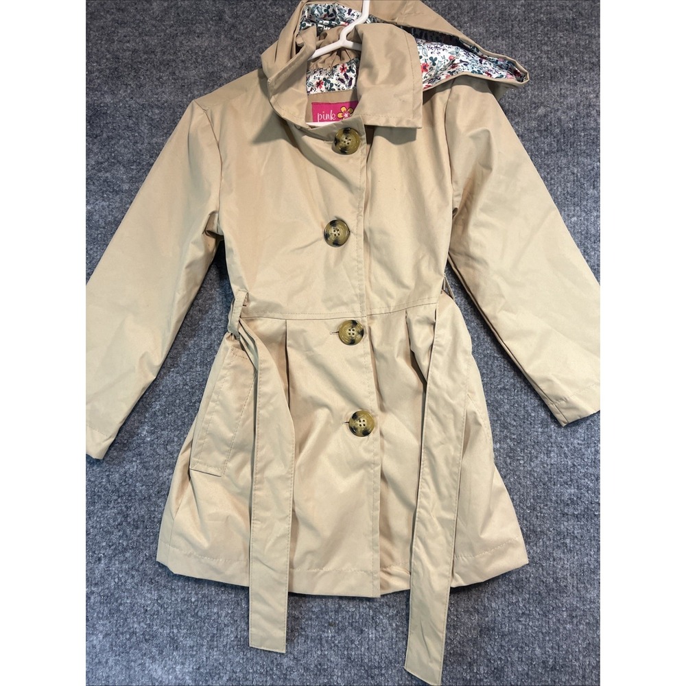Pink Platinum Girls Khaki Belted Trench Coat with Hood - Size 4